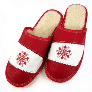 Papuci de Casa din Piele Imblaniti cu Lana Model 'Snow in December' Red