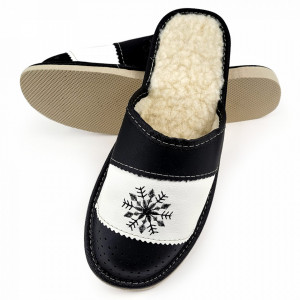 Papuci de Casa din Piele Imblaniti cu Lana Model 'Snow in December' Black