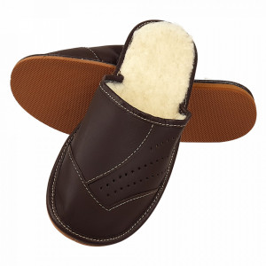 Papuci de Casa din Piele si Lana de Oaie Culoare Negru Model 'Back to Brown'