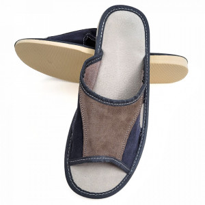 Papuci de Casa Vara din Piele Intoarsa Culoare Albastru/Maro Model 'Blue Jeans'