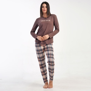 Pijama Damă din Bumbac 100% Vienetta, Model 'Enjoy the Bitter Sweet Taste of Life' Brown | Confort și Bucurie