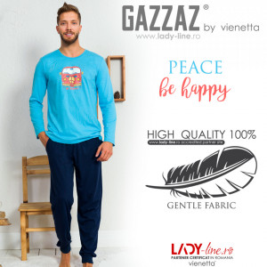 Pijamale Barbati din Bumbac Gazzaz by Vienetta 'Peace - Be Happy' Blue