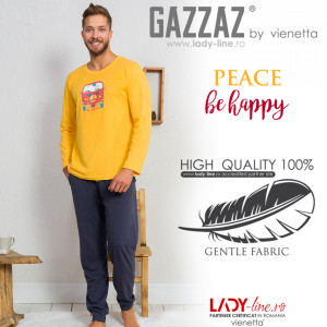 Pijamale Barbati din Bumbac Gazzaz by Vienetta 'Peace - Be Happy' Yellow