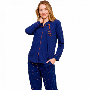 Pijamale Dama cu Nasturi din Bumbac Vienetta Model 'Monlight Stars' Blue