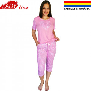 Pijamale Dama Maneca Scurta si Pantalon 3/4, Model 'Heart, Pink And Sweet Dots', Producator Ana Art Textil, Bumbac 100%, Culoare Roz, Pijamale Fabricate In Romania - Img 1