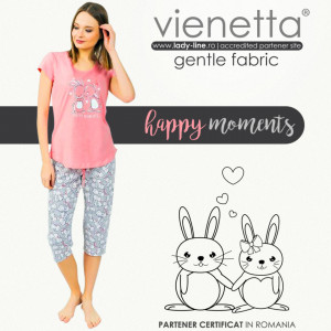Pijamale Dama Vienetta din Bumbac cu Pantalon 3/4 Model 'Happy Moments' Pink