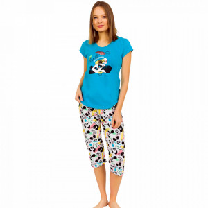 Pijamale Dama Vienetta din Bumbac cu Pantalon 3/4 Model 'Panda's Dream' Blue