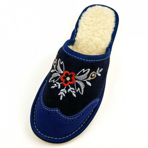 Papuci de Casa din Piele Intoarsa Imblaniti cu Lana Model 'London Brogue Inspire' Dark Blue