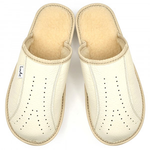 Thick Sole Leather Slippers with Wool Lining, Model 'Luxury Woman' Cream