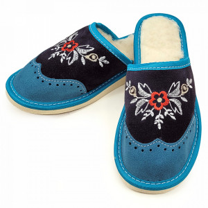 Papuci de Casa din Piele Intoarsa Imblaniti cu Lana Model 'London Brogue' Turquoise