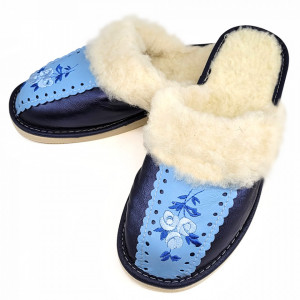 Papuci de Casa Dama Imblaniti cu Lana de Oaie Model 'Root Traditions' Complete Blue
