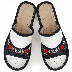 Women's Slippers, Leather Material, Color White/Black, Model 'Harmony Flower'