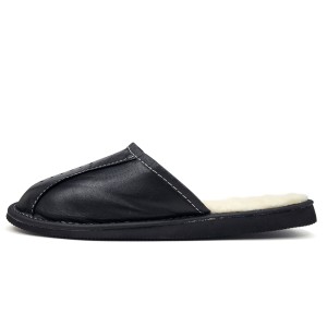 Papuci de Casa din Piele Îmblăniți cu Lana Culoare Maro Model 'New Dark Black'