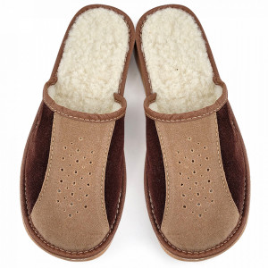 Brown Wool-Lined Leather Slippers 'Tennessee' Model