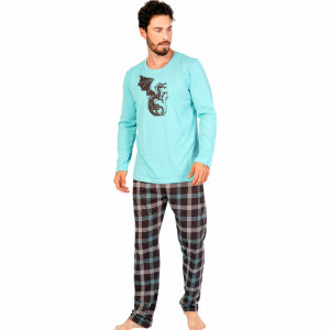 Comfortable Men's Pajamas Gazzaz by Vienetta Model 'Dragons No Limits' Turquoise