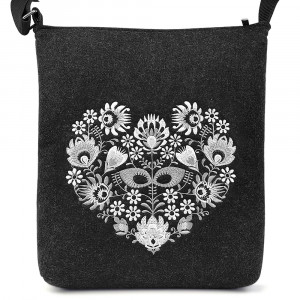 Geanta din Postav cu Maner Lung Model 'Flower Heartbeats' Black & White
