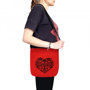 Geanta din Postav cu Maner Lung Model 'Heartbeats' Red