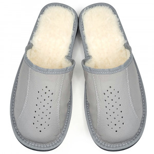 Grey Wool-Lined Leather Slippers 'Tennessee' Light Model