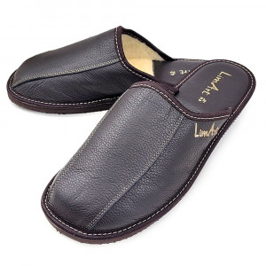 Papuci de Casa din Piele Îmblăniți cu Lână , Model 'Luxury Man' Dark Brown