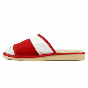 Papuci de Casa din Piele Imblaniti cu  Lana Model 'Snow in December', Culoare Rosu