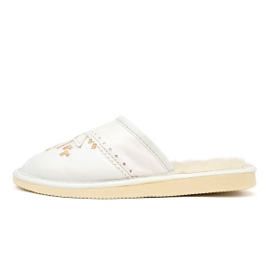 Papuci de Casă Damă din Piele Îmblăniți cu Lână de Oaie Model 'Harmony' White - Prezentare din lateral.