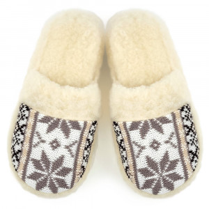 Papuci de Casa din Lana de Oaie Culoare Crem Model 'Geometry' Pastel Winter