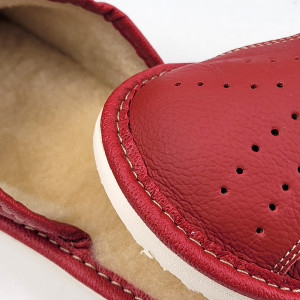 Papuci de Casa din Piele cu Talpa Groasa Îmblăniți cu Lână , Model 'Luxury Woman' Red