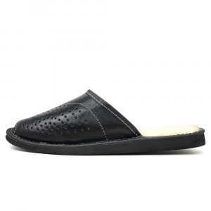 Papuci de Casa din Piele Imblaniti cu Lana Culoare Maro Model 'Regalia Black'