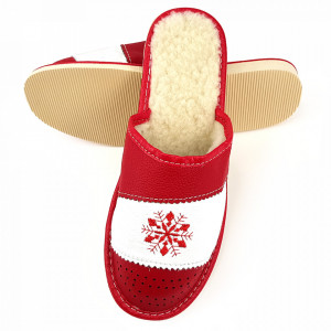 Papuci de Casa din Piele Imblaniti cu Lana Model 'Snow in December' Red