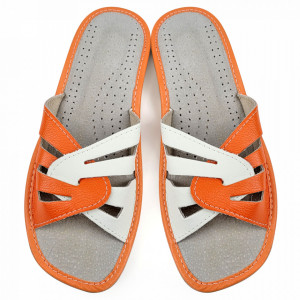 Papuci de Casa Vara din Piele Culoare Alb/Orange Model 'Sunny Summer' Orange