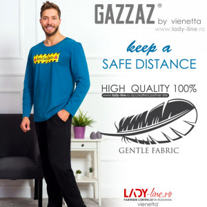 Pijamale Barbati Bumbac 100% Gazzaz by Vienetta 'Keep a Safe Distance' Blue