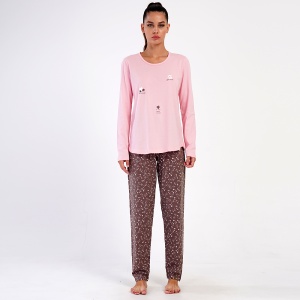 Pijamale Dama din Bumbac Vienetta Model 'Think Pink' | Confort si Bună Dispoziție. Prezentare din față.