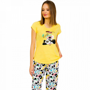 Pijamale Dama Vienetta din Bumbac cu Pantalon 3/4 Model 'Panda's Dream' Yellow
