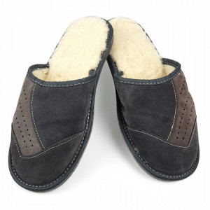 Sheepskin Fur-lined Leather Slippers, Grey Brown Color, 'Velvet Touch' Model