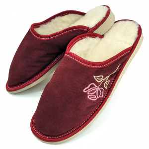 Sheepskin Fur Slippers 'Roses' Burgundy