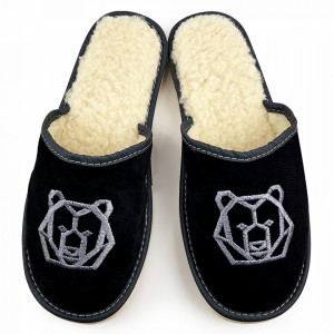 Suede Slippers Lined with Natural Wool, Model 'Dark Bear'