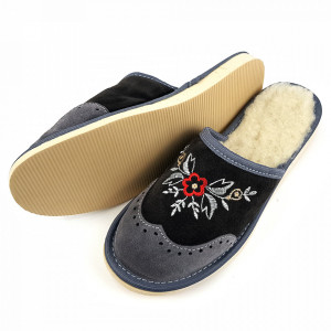 Papuci de Casa din Piele Imblaniti cu Lana Model 'London Brogue Inspire' Dark