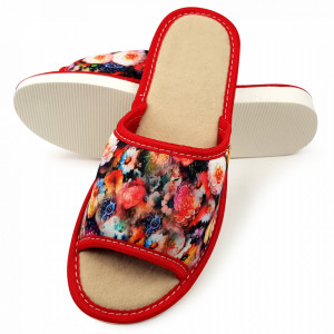 Papuci de Casa Vara Material Textil cu Talpa Groasa Culoare Rosu Model 'Amour Garden'