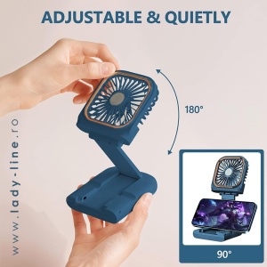 Confort multimedia la birou: ventilatorul albastru susține stabil telefonul în poziție orizontală, fără nicio vibrație mecanică.