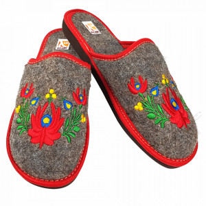 Papuci de Casa Dama din Postav, Model 'Mandale Florale' Culoare Gri Maroniu