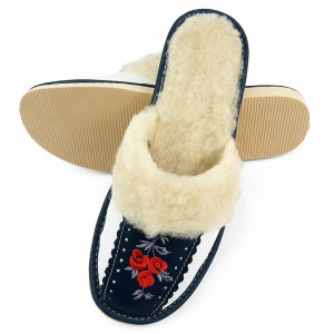 Papuci de Casa Dama Imblaniti cu Lana de Oaie Model 'Root Traditions' Dark Blue