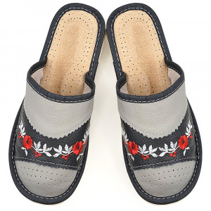 Women's Slippers, Leather Material, Grey Color, Model 'Harmony'