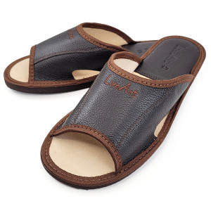 Papuci de Casa din Piele cu Talpa Groasa Culoare Maro, Model 'Luxury Man' Dark Brown