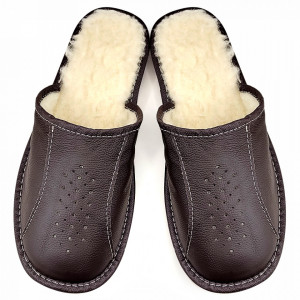 Brown Wool-Lined Leather Slippers 'Cleveland View' Model