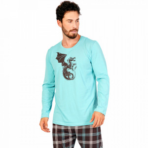 Pijamale Barbati Confortabile Gazzaz by Vienetta Model 'Dragons No Limits' Turquoise