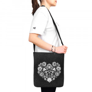 Geanta din Postav cu Maner Lung Model 'Flower Heartbeats' Black & White