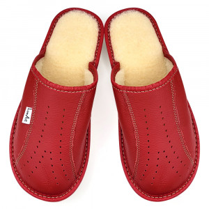 Leather Slippers with Thick Soles and Wool Lining, Model 'Luxury Woman' Red