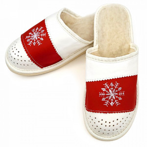 Papuci de Casa din Piele Imblaniti cu Lana Model 'Let it Snow' White