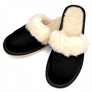 Papuci de Casa Dama Imblaniti cu Lana de Oaie Model 'Joy Season' Black