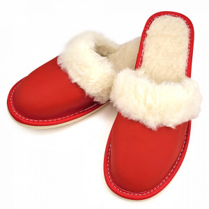 Papuci de Casa Dama Imblaniti cu Lana de Oaie Model 'Joy Season' Red